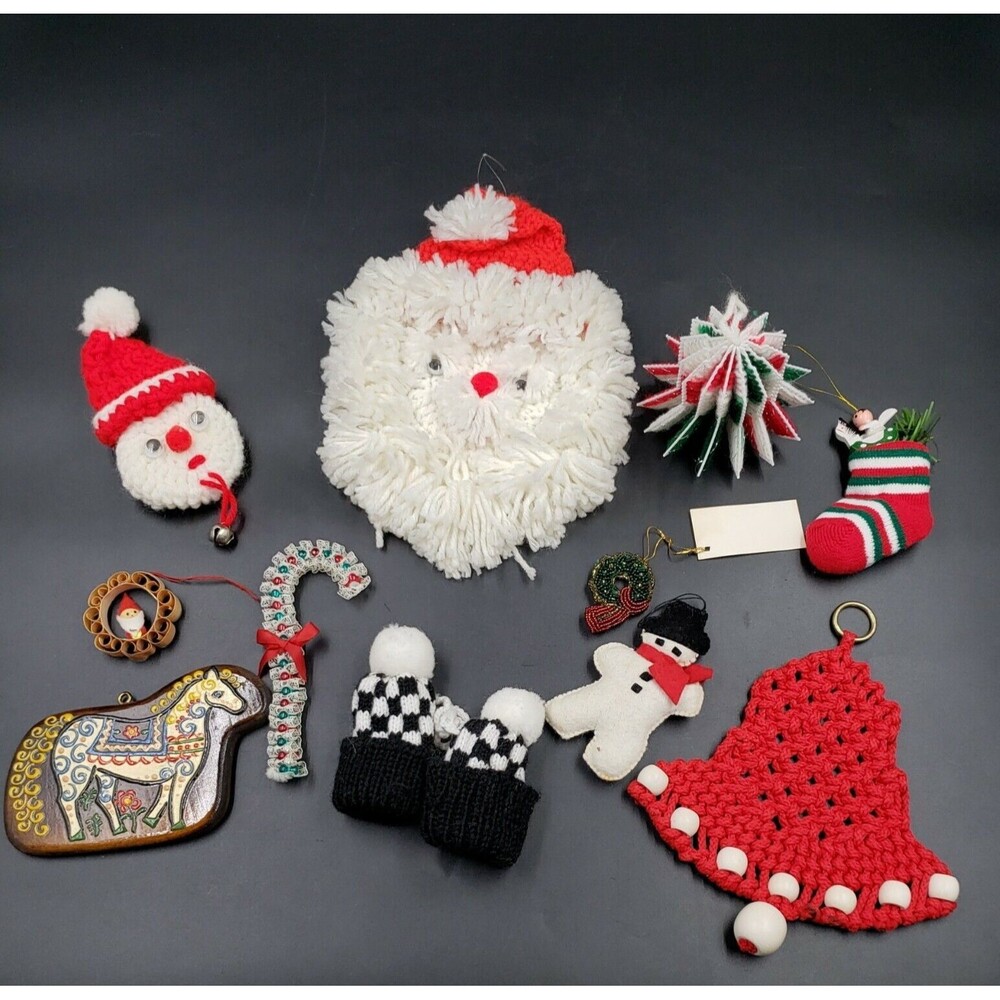 Vintage Handmade Christmas Tree Ornaments Lot Macrame Seed Bead Crochet Kitsch